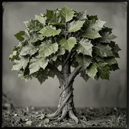 macro long depth of field shot of daguerrotype realistic cataphract tree made of leaves, wide aperture, intricate, highly detailed, artstation, sharp focus, artgerm