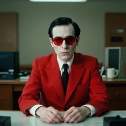 portrait front view of a man in a red suit sitting at a desk, red lenses glasses, pale skin, black hair, creepy atmosphere, dramatic lighting, background 1970s office, photograph by Wes Anderson