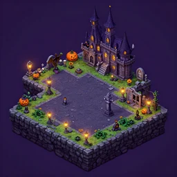 evil graveyard halloween themed isometric 2. 5 d, myvmk game level, with detailed stone, lanterns, disney, haunted mansion, toon shader, arnold maya render, artstation by miha rinne