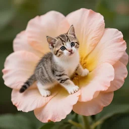 a professional photograph of a tiny cat climbing a giant flower, high quality, highly detailed, cute, HD, 8K