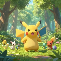 beautiful digital fantasy illustration of a pokemon!!, cute smiling attractive pokemon, the trees of a green woodlands glistens as the morning sun touches its leaves with her gentle rays. pokemon of various shapes, sizes, and colors walk through the forest by alena aenami and arthur adams, octane render, detail texture, unreal engine, 8 k