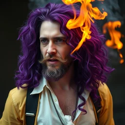 walter white with long purple curly hair, dye, hair, caught, on fire