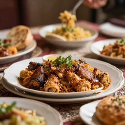 close - up focused dslr photograph of an syrian dinner, 8 k, high detail, volumetric lighting, hyperrealism, aesthetically pleasing, studio lighting, trending
