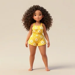 cute latina woman with a beautiful round face and with curly hair wearing a yellow romper with a daisy pattern on it, she has long legs, full body view, wide angle view, fantasy, intricate, highly detailed, digital painting, artstation, concept art, wallpaper, smooth, sharp focus, illustration