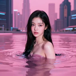 lee jin - eun emerging from pink water in cyberpunk theme with by jakub rebelka and frederick edwin church, rule of thirds, seductive look, beautiful