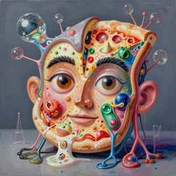 an extremely high quality hd surrealism painting of a 3 d perspective neon complimentary - colors cartoon surrealism melting sculpture gallery cast glass biological anatomical zaha hadid 4 d pizza face cross - section by kandinskypicasso and salvia dali the fourth, 8 k, ultra realistic, very realistic, nerves, veins, neurons, 4 k