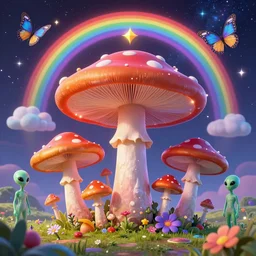 psychedelic mushrooms, enchanted alien world, mushrooms on the ground, aliens, galaxy in the sky, butterflies, occult, illuminati, third eye, rainbows, bright colors, psychedelic, vector art, honeycomb, dripping, eyes staring at you, fantasy poster by helen huang and frank frazetta and salvador dali and norman rockwell, anime style