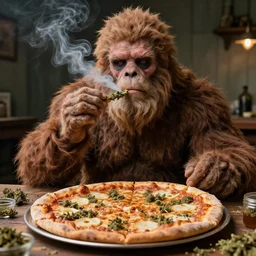 bigfoot smoking weed while eating pizza