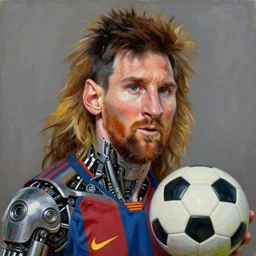portrait of lionel messi as a cyborg, oil painting, mechanical parts, soccer ball, intricate, detail