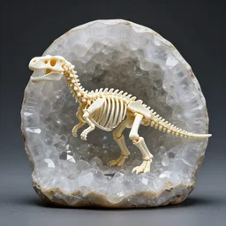 mini dinosaur skeleton inside a crystal geode