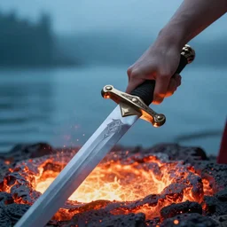 close up of a portrait of a hand gripping a sword coming out of lava like the lady of the lake, ultra realistic, 4 k
