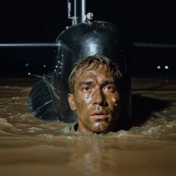 film still, close up, nuclear submarine rising out of muddy vietnam river, face covered in mud, low camera angle at water level, night time, film still from apocalypse now ( 1 9 7 9 ), 2 6 mm,