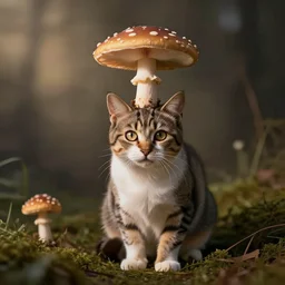 a small domestic housecat with a thin mushroom growing atop its head