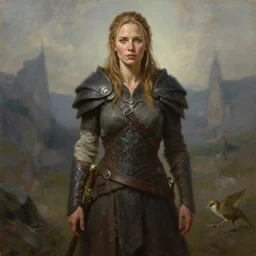 a full body high detail fantasy portrait oil painting illustration of emily blunt as a beautiful young rugged stoic barbarian woman by justin sweet with face and body clearly visible, in a scenic background, pupils visible, realistic proportions, d & d, rpg, forgotten realms, artstation trending, high quality, sombre mood, artstation trending, muted colours, entire person visible!