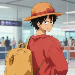 “ a portrait of luffy at a airport, back shot, by shunji dodo, 8 k resolution, photo, high quality ”