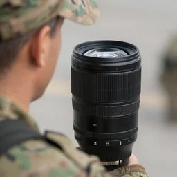 “an 85mm portrait lens photograph of a soldier who has just returned from work”
