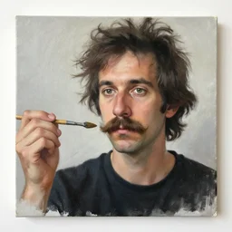a photo of a man with a mustache and shaggy hair!!!! painting a painting of himself painting the painting of himself!!!!, 8 k 8 5 mm f 5. 6