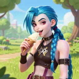 Jinx eating ice cream at the park, League of Legends splash art