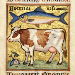 a bad drawed cow mix of a seafish in a medieval manuscript, medieval manuscript, golden miniatures