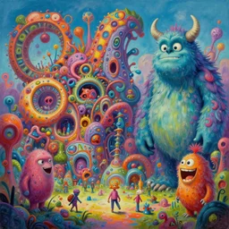 a beautiful painting of an aaahh!!! real monsters park by james gurney and beeple, a detailed matte painting by android jones, cgsociety, psychedelic art, detailed painting, greeble, biomorphic :. 3, unreal engine :. 4