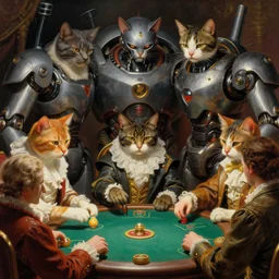 a baroque neoclassicist renaissance closeup of mecha cats playing poker. highly detailed fantasy science fic tion painting by moebius, norman rockwell, frank frazetta, and syd mead. rich colors, high contrast. artstation