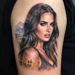 double exposure tattoo sketch of megan fox with beautiful mountain scenery, hyper - realistic, in the style of den yakovelev, amazing detail, sharp, abstract