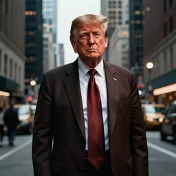 donald trump wearing a dark brown suit, neo noir, city, cinematic, dramatic lighting, atmospheric, 8 5 mm lens