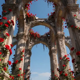 broken arches leading to the pillars of eternity draped with red flowers and vines, blue sky, lens flare, a sense of mystery, cinematic, ultra detailed, intricate, sharp focus, trending on artstation, film still by Pixar, 8K