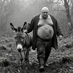 a movie still by tarkovsky of a profil giant obese old bald man in dirty medieval clothes walking with his donkey in a swamp mossy, cinestill 8 0 0 t 3 5 mm b & w, heavy grain, high quality, noir, natural textures, photorealistic, ambient occlusion, hd, mud, fog, criterion collection