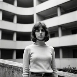 black and white photo of a young woman wearing a turtleneck standing inside a brutalist building, 1976