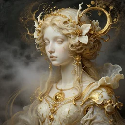 a beautiful girl made of ivory and gold, highly intricate, digital art, very detailed, in the style of a weird and dark art noveau flemish painting, foggy