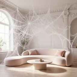 a modern indoor room covered with insanely detailed spiderweb, clean architecture, pastel colored, baroque, a couch, a couch table, daylight, peaceful, 8 k, octane render