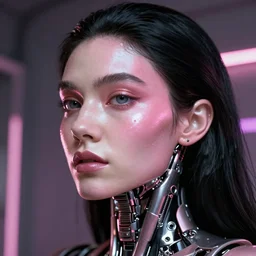 hyperrealistic close-up of baroque cyborg woman with black hair and pearlescent pink skin wayne barlowe machiej kuciara very soft neon lighting on one side wide angle 35mm shallow depth of field 8k