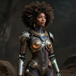 beautiful afrofuturistic himba women, otjize, led detailed spacesuit, himba hairstyle, robotic arms, hyperrealistic, scifi, concept art, stylized, dark, muted colors