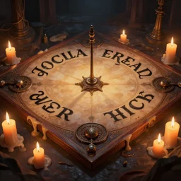 ouija board surrounded with melting candles, dark fantasy, occult, fpv, volumetric lights, intricate, intense detail, digital painting, artstation, concept art, smooth, soft shading, cinematic, 3 d 4 k