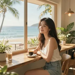 a thin, pretty young Filipino woman sits near the window of a cute seaside Cafe with an espresso, golden morning light, cozy, tropical plants, anime style art, trending on artstation