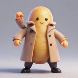 a potato wearing a trench coat in a heroic pose, 3 d digital art
