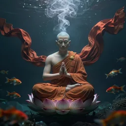 a wise monk meditating underwater in the centre of composition, lotus pose, epic composition, fabrics flying around him, smoke, dark, mysterious, colourful fish, high detail, digital art, artstation, unreal engine 5, octane render
