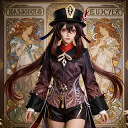 ultra realistic 'Hu Tao', Genshin Impact, fantasy, anime, manga, game art, intricate details, elegant, highly detailed, photorealistic, digital painting, octane render, concept art, eerie, 8k, art by artgerm and greg rutkowski and alphonse mucha