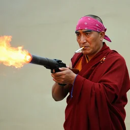 dalai lama with a cigarette in his mouth and a bandana on his head, dressed like rambo, firing a flamethrower