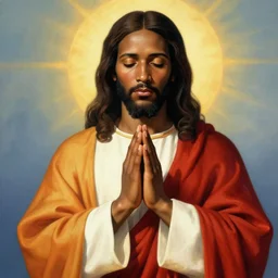 black communist jesus praying dressed in robes, photorealistic religious art, ultra highly detailed, in the style of communist propaganda and realism, very colorful
