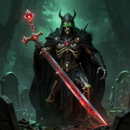 undead mighty lich wizard holding ruby scythe, skulls and bones, green glowing eyes, dramatic light, graves, graveyard, flash, hyperdetailed, 8K, ArtStation, 35mm, ZBrush, Jacub Rozalski, Frank Frazetta
