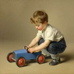 a kid playing with a toy car, art by j. c. leyendecker