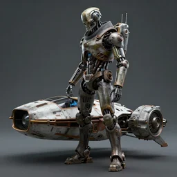 a rugged engineer terminator t 8 0 0 with cybernetic enhancements repairing a x - 3 4 landspeeder, scifi character portrait by greg rutkowski, esuthio, craig mullins, full body shot, cinematic lighting, dystopian scifi gear, gloomy, profile picture, mechanical, half robot, implants, steampunk