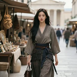 lee jin - eun as a seductive samurai strolling along renaissance athens, shopping at anicent vendors, italy plaza, art by ruan jia, rule of thirds, seductive look, beautiful