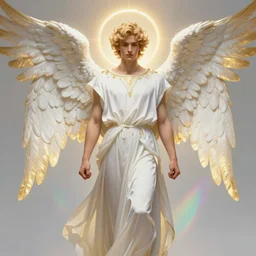 fullbody portrait of a beautiful young fit male angel with curly blond hairs, serene face, closed fists, dressed in long fluent clothes, majestic symmetrical eagle wings, luminous halo, by greg rutkowski and alphonse mucha, gradient white to gold, in front of an iridescent background, highly detailed portrait, digital painting, artstation, concept art, smooth, sharp focus illustration