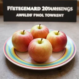 a wide angle realistic photo of three apples on a colorful plate, award winning