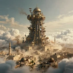 epic photo of an ancient Byzantine city surrounded by clouds, Giant imposing steampunk tower, full of strange steampunk devices and machines, full of smoke and dust, air particles, hyper real, Indiana Jones, matrix, trending on artstation, concept art, photorealistic, cinematic, city, by Greg Rutkowski