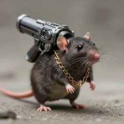 small bipedal rat!!!!!! carrying large sci - fi fantasy alien gun, cinematic, portrait, shot on 7 0 mm, macro, wearing a golden chain, from the new sci - fi movie small rat saves the day, 8 k, f 1. 8