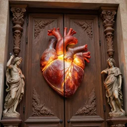 caravaggio decorated doors, statues, california, glowing lights, and the heart itself to him angle, earth tones, art, fantasy, art, incandescent